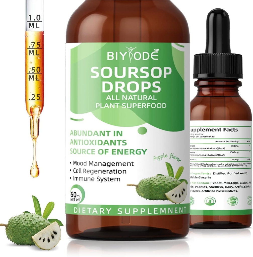 Soursop Graviola folyékony cseppek: 1800mg Prémium antioxidáns támogatás immunrendszeri emésztési relaxáció Alvás Vegan glutén szabad cukor 1 Fl Oz 30 nap ellátás