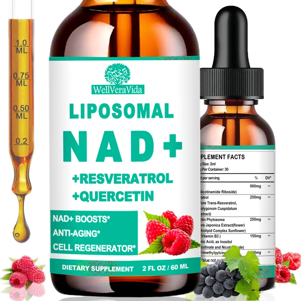 NAD Ergänzungen für Frauen und Männer, Liposomal NAD Nicotinamid Riboside Resveratrol 900mg, TMG, Quercetin, Vitamin B3, Organische flüssige NAD Resveratrol Ergänzung für Langlebigkeit, Energie, Anti-Aging, Fokus
