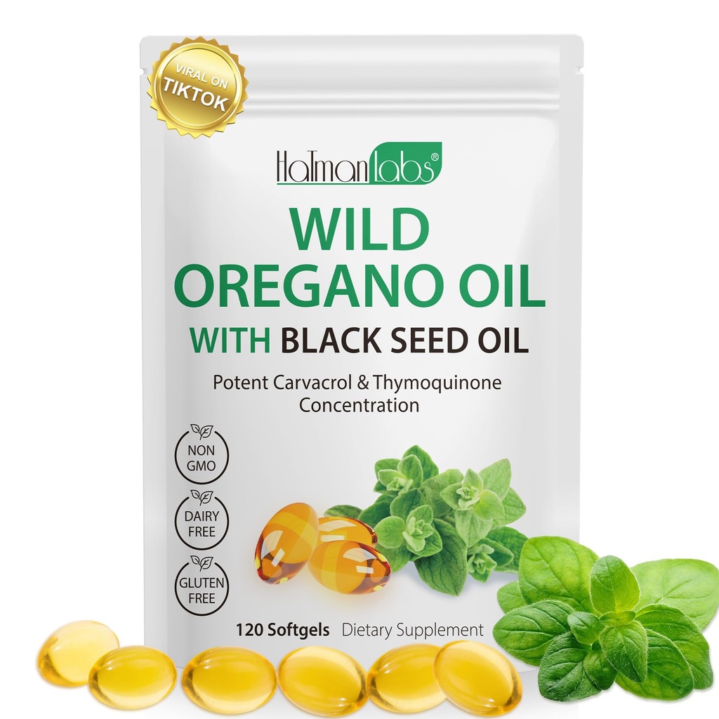 Oregano Öl Kapseln, 2 in 1 Öl von Oregano mit schwarzem Samenöl, Oregano Öl Ergänzung Kapseln, Organisches Öl von Oregano Extrakt, Non-GMO, Glutenfrei