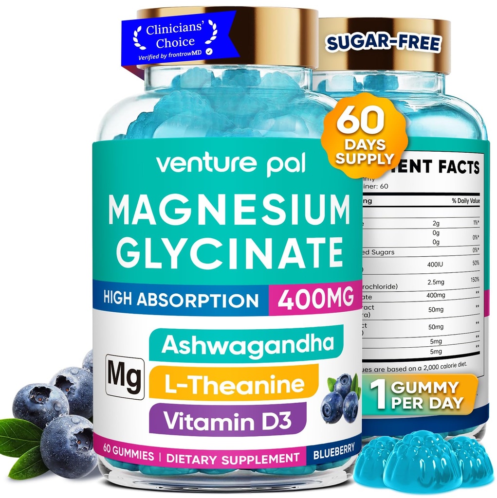 60 Tage Versorgung Magnesium Glycinate 400mg Gummi mit Ashwagandha, L-Theanin, CoQ10, Vitamin D3 & B6, Sugar Free Magnesium Gummi für Erwachsene & Kinder, Stress Relief, Schlaf &amp; ruhig, Vegan, Glutenfrei