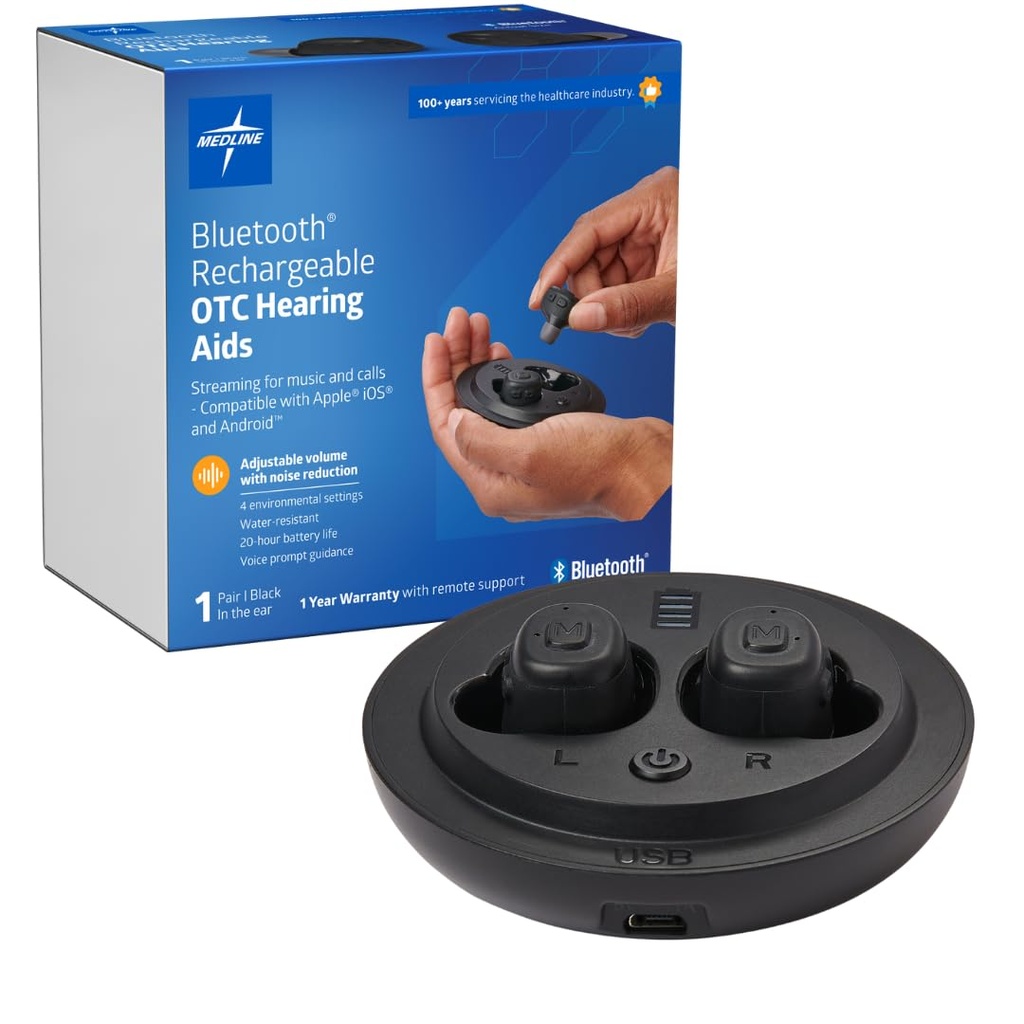 Medline Bluetooth wiederaufladbare OTC Hörgeräte, in-The-Ear, 4 Umwelteinstellungen, Wasserdicht, einstellbare Volumen, Mild zu moderaten Hörverlusten, Lärmreduzierung, Earbud Hörgeräte