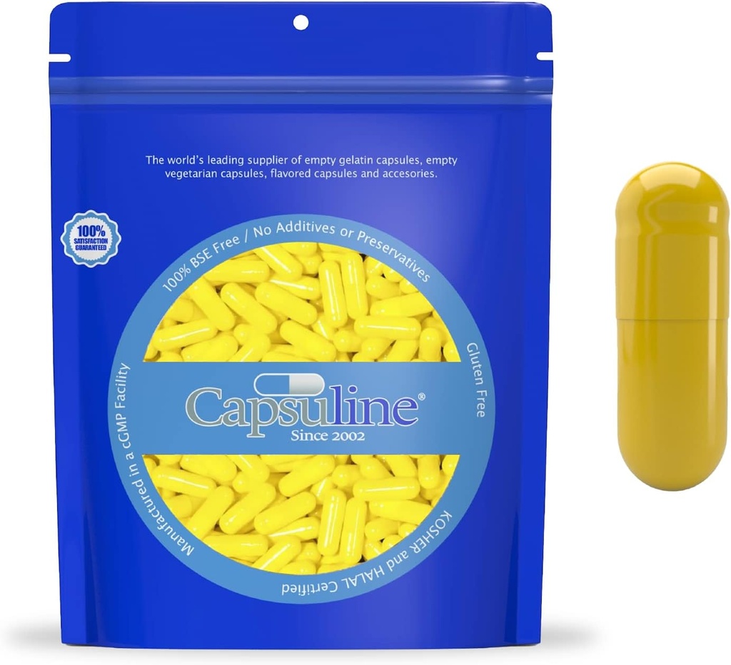 Farbige Größe 0 Leere Gelatine Kapseln von Capsuline - Gelb/gelb 10000 Graf |Kosher & Halal Zertifiziert |Gluten Kostenlos