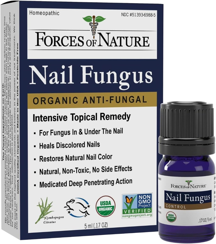 Forces of Nature Toenail Kail Fungus Treatment, Organic Antifungalis Restenores Appeary of Toenails and Fingernails, Homeopátiás orvoslás Cracked, száraz, sérült és elszíneződött körmök, 0.17 FL OZ