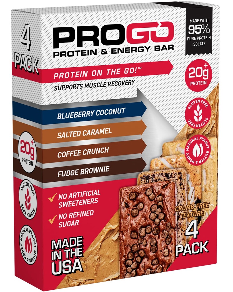 Progo fehérje bárok, alacsony cukor, magas fehérjetartalmú snack (akár 21g) - 95% Tiszta izolátum gyorsabb izomnövekedés és -helyreállítás, alacsony kalóriatartalmú, édesített w / mogyoróvaj és nyers méz (4- Count, Starter Pack)