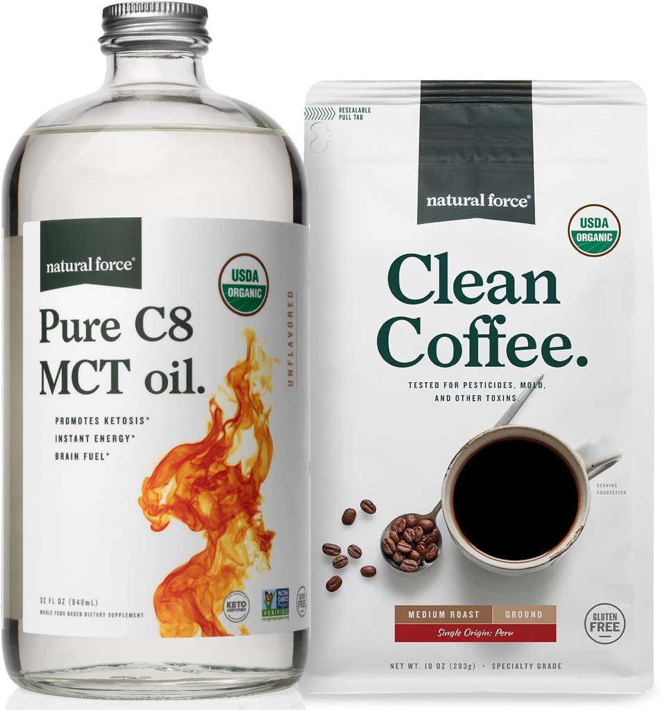 Natural Force Organic Ground Clean Coffee + Organic Pure C8 MCT Oil Bundle - 100% C8 MCT & Mold & Mycotoxin Free Coffee - Non-GMO, Keto, Paleo, Vegan - 10 Oz Bag és 32 Oz üveg