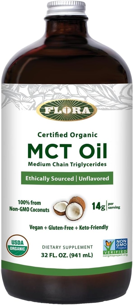 Flora - MCT Oil Certified Organic - Supports Muscle Energy & Brain Health - C8 Capric Acid & C10 Capric Acid - Non-GMO, Gluten- Free, Vegan & Keto- Friendly - 32 fl. oz. Üvegpalack