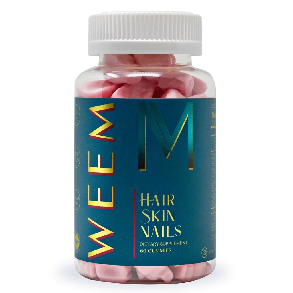 WEEM Hair Skin and Nails Gummies - Unterstützt gesundes Haar - Vegan Biotin Vitamine für Frauen und Männer unterstützt schnelleres Haarwachstum, stärkere Nägel, Gesunde Haut, Extrastärke (1)