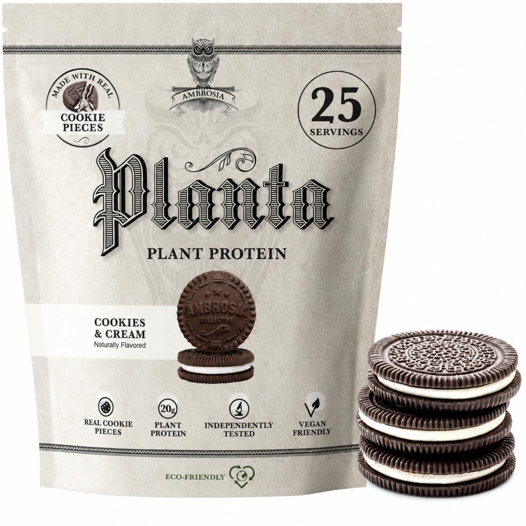 Ambrosia Planta - Premium Pflanzenbasiertes Protein | Vegan & Keto Friendly | Gourmet Flavors mit No Bloating or Stomach Upset | Gluten & Soy Free | Kein hinzugefügter Zucker | 25 Portionen | Cookies Cream