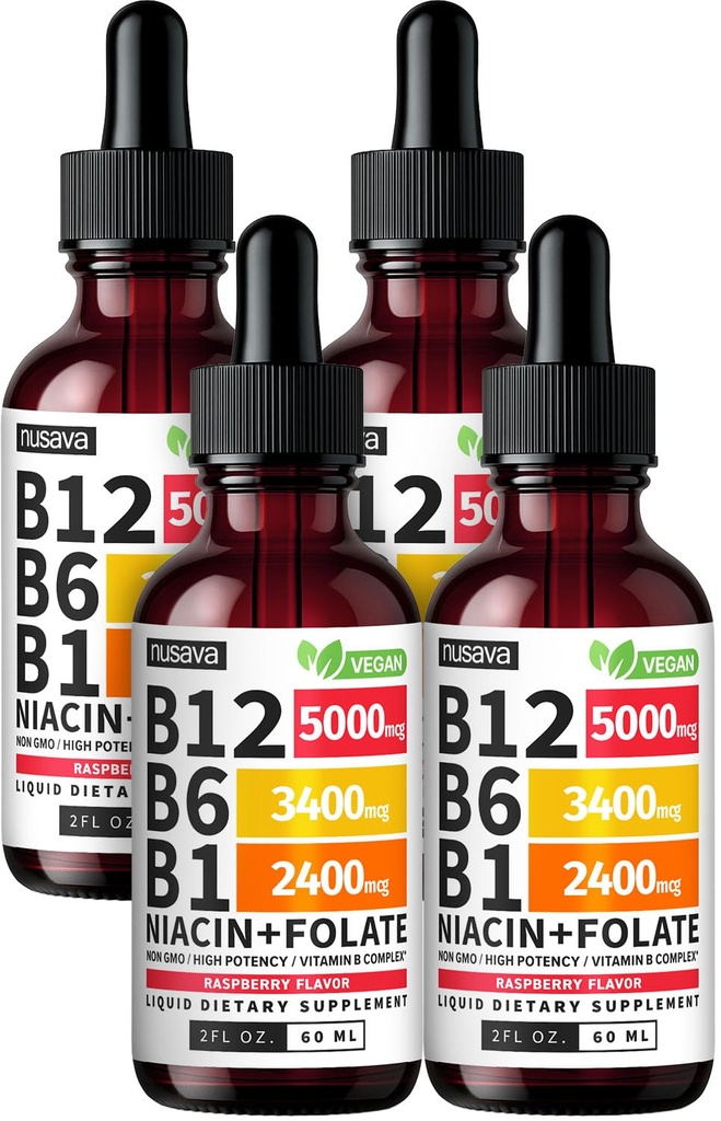(4 csomag) B12-vitamin és B6 folyékony cseppek, B12 Nyelvalatti B-vitamin Komplex - B 12-vitamin 5000mcg - B12 Metilkobalamin energia, agy, és szív támogatás 27,200 µg, Strawberry, 80 Servings