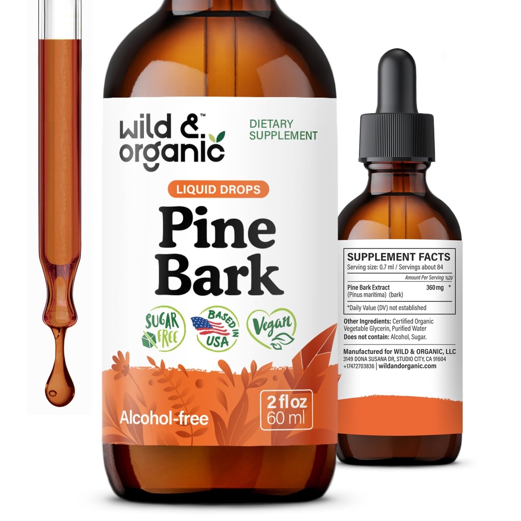 Wild & Organic Pine Bark kivonat tinktúra - Antioxidáns támogatás - Pinus Pinaster kiegészítők - Francia Maritime Bark folyékony cseppek - 2 hónapos ellátás - Vegán, Alkohol & Sugar- mentes - 2 fl oz