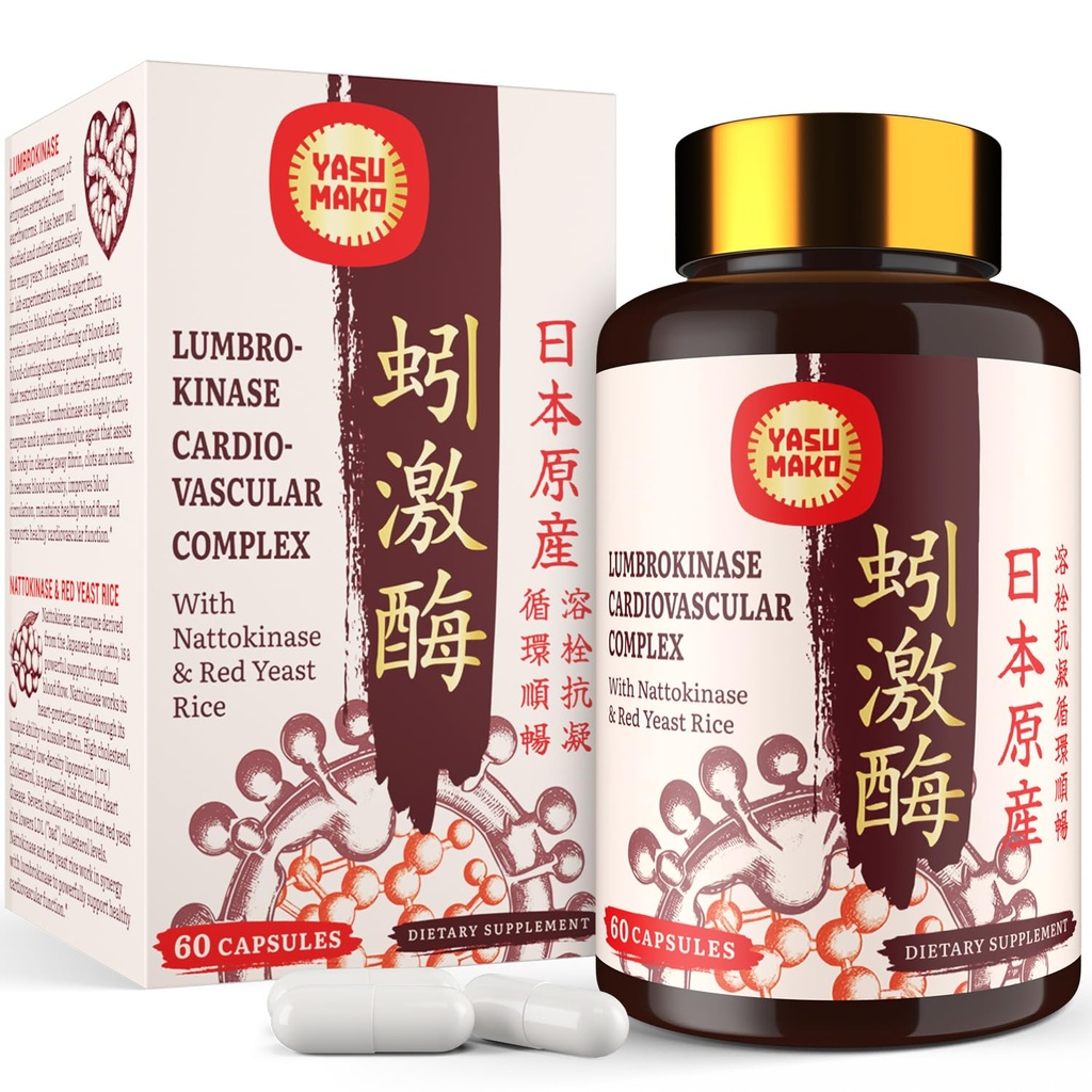 Lumbrokinase 100mg (Max Activity 1.000.000 LKU),Nattokinase 100mg-2.000 FU-Aktivität und Rote Hefereis 300mg, Potent Lumbrokinase Enzymes Supplement für Zirkulation,Kognition,60 Kapseln(Pack von 1)