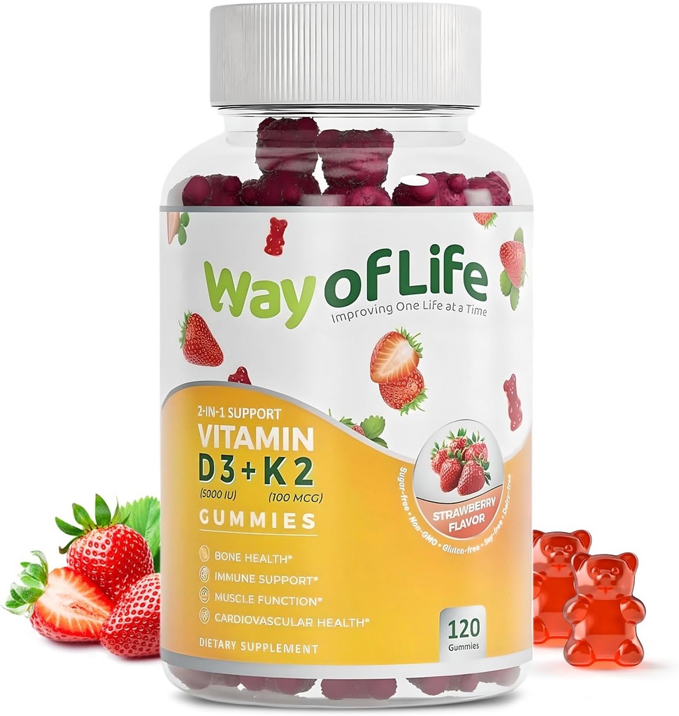 Vitamin D3 5000 IU (125 mcg) + K2 (MK-7) 100 mcg Sugar-Free Gummie, Erdbeere - 120 zählen, Knochen und Herzgesundheit für Erwachsene, Muskel Funtion, Pektin, Tasty, Chewy, Non-GMO, Gluten-Free, Gelatin-Free