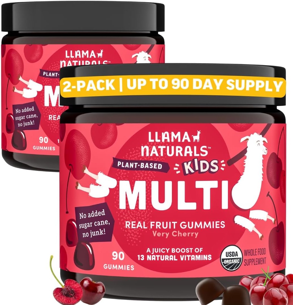 Llama Naturals Kids Multivitamin Gummies, Vegan, Organic with D-vitamin, C & K, Toddler Real Fruit Gumi Vitaminok, rágható kiegészítés, Teljes élelmiszer Multivitamin, Nincs hozzáadott cukor Cane, Cherry, 2 Pk