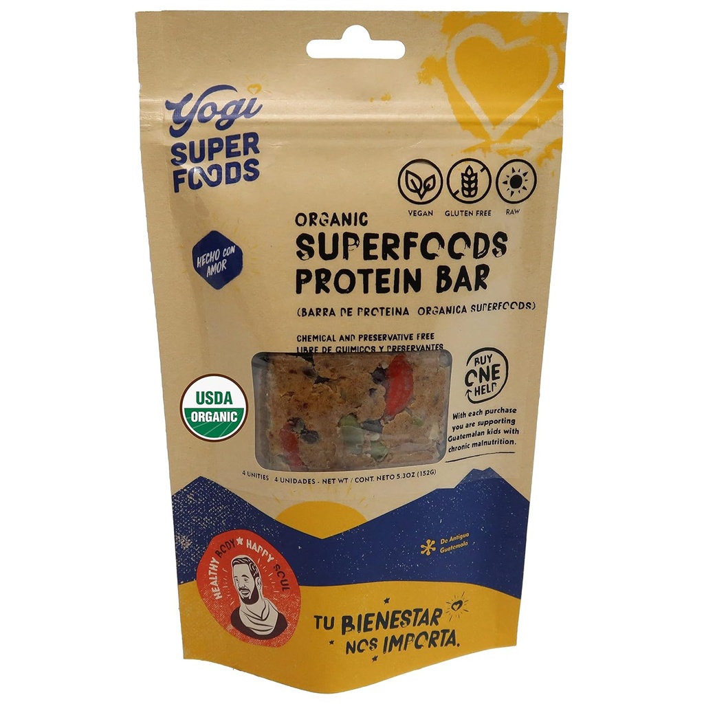 Yogi Super Foods Maca Protein Bars mit Cacao für gesunde Energie - Rohe, Vegan, Glutenfrei, Low Glycemic Superfood Snack Food Bars mit Pflanzenprotein, Kakaopulver & Granola - 4 Bars
