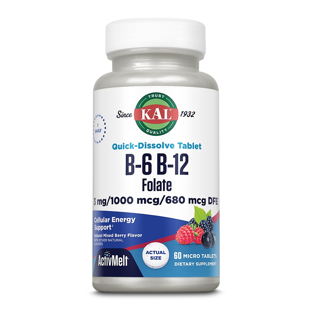 KAL Vitamin B-6, B-12 & Folic Acid Supplement, Herzgesundheit, Energie & Red Blood Cell Support*, mit Vitamin B12 Methylcobalamin & Folate, natürliche Berry Flavor, 60 Servierungen, 60 ActivMelt Micro Tablets