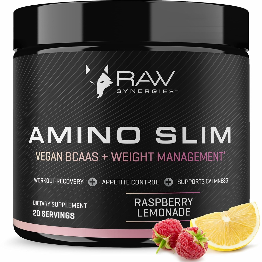RAW Synergies Amino Slim - Active Lifestyle Supplement for Metabolic & Mindful Eating Support - Muscle & Energy Support - Sugar- Free & Vegan - Raspberry Lemonade - 20 Servings