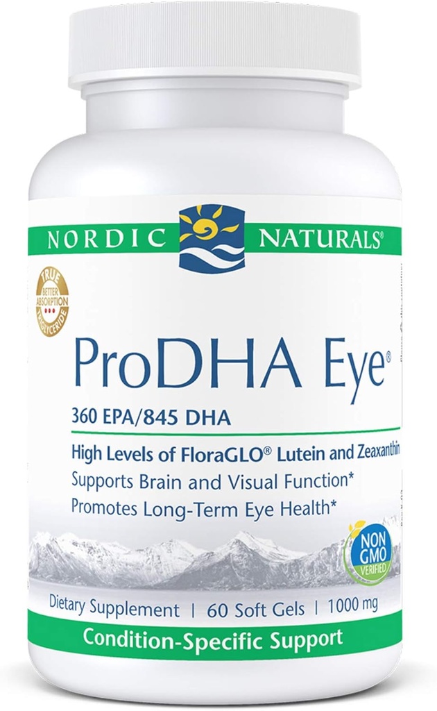 Nordic Naturals ProDHA Eye - Fischöl, 360 mg EPA, 845 mg DHA, 20 mg FloraGLO Lutein, 4 mg Zeaxanthin, Unterstützung für neurologische Funktion und Langzeit-Augengesundheit*, 60 Weichgel