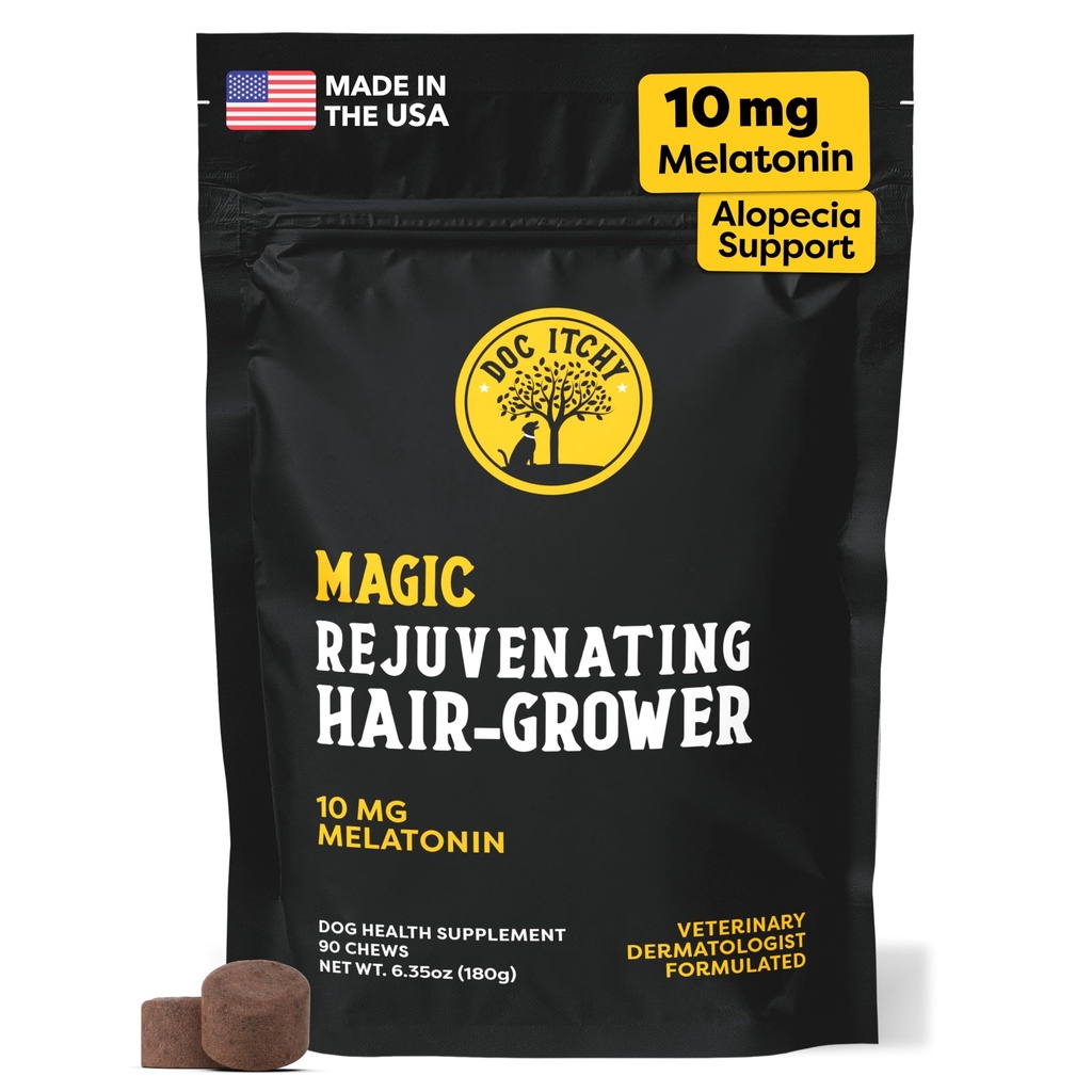 Doc Itchy Rejuvenating Hair-Grower Dog Pet Chews | 10mg Melatonin für Hunde | Hair Growth Booster | Senior Dog Energizer | Calming | Medical-Strength | Food Allergy Safe | Vegan | 90 Count