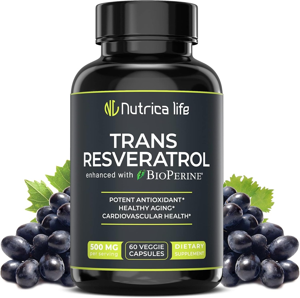 Trans Resveratrol Supplement 500mg Potent Anti Aging Formula, erős antioxidáns a szív és a celluláris egészség, Brain booster kiegészítők Bioperine, 60 Vegan Caps
