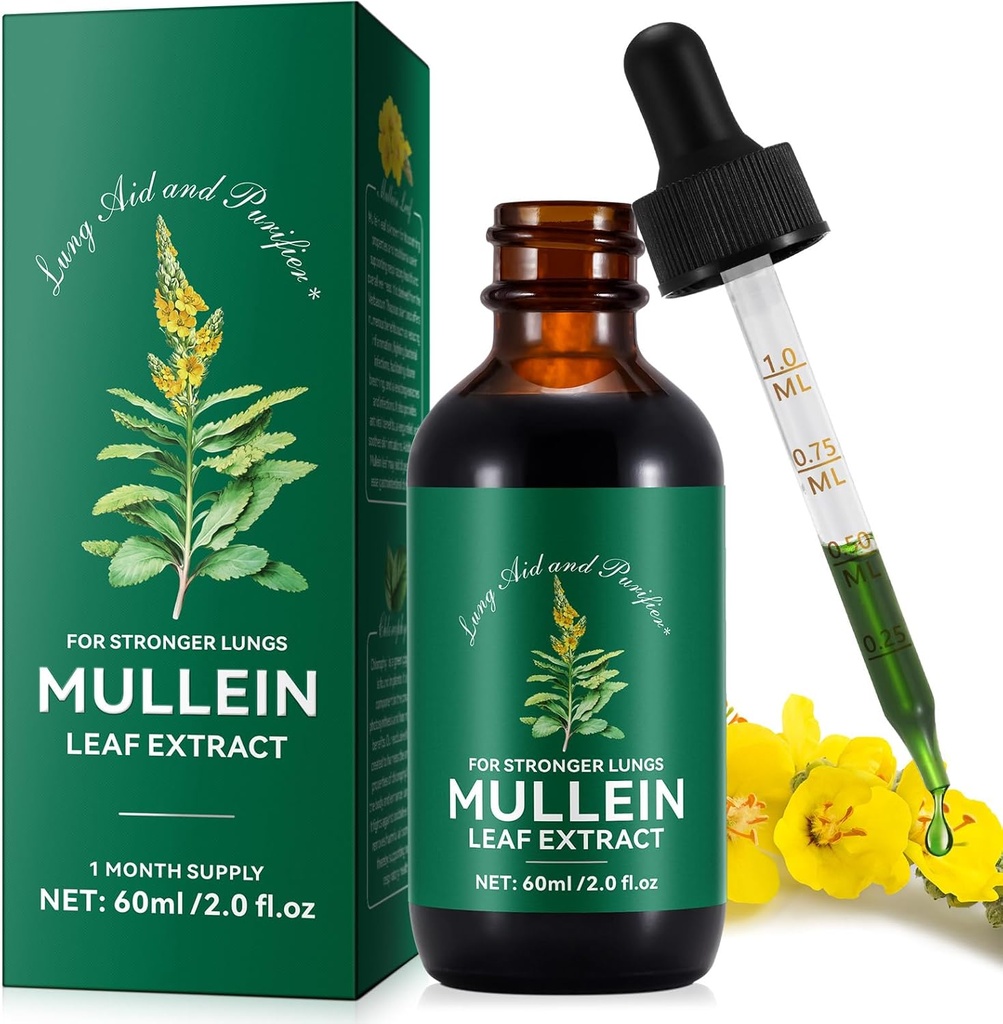 Mullein Tropfen für Lunge, Mullein Blatt Tinktur Tropfen | 2 fl oz |Mullein Blatt Extrakt für Lunge Detox und Respiratorische Lunge Gesundheit, Unterstützung für respiratorische, natürliche Kräuterergänzung