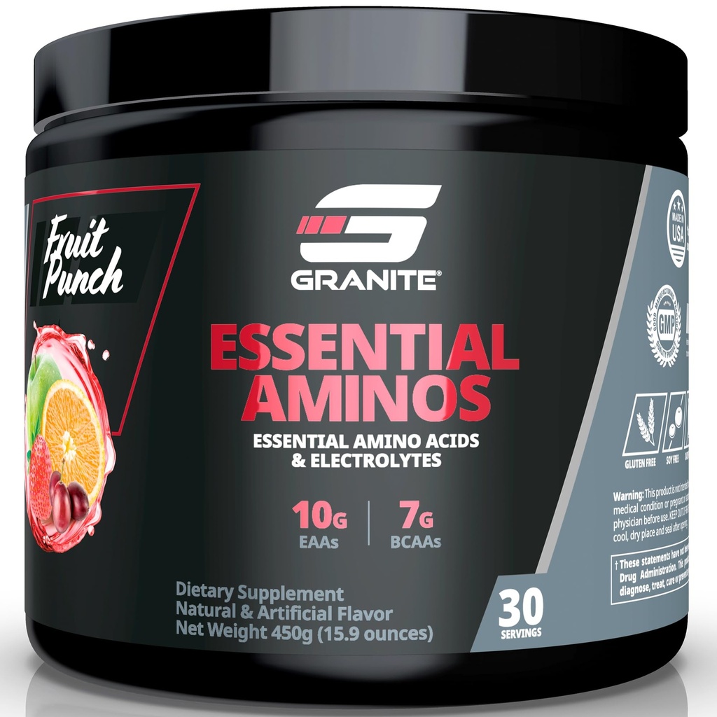 Granit essentielle Aminosäuren Pulver für Muskelrückgewinnung und Wachstum mit 10g EAAs und 7g BCAAs - Sojafrei, Glutenfrei, 448g (30 Servierungen), Frucht-Punch Flavor
