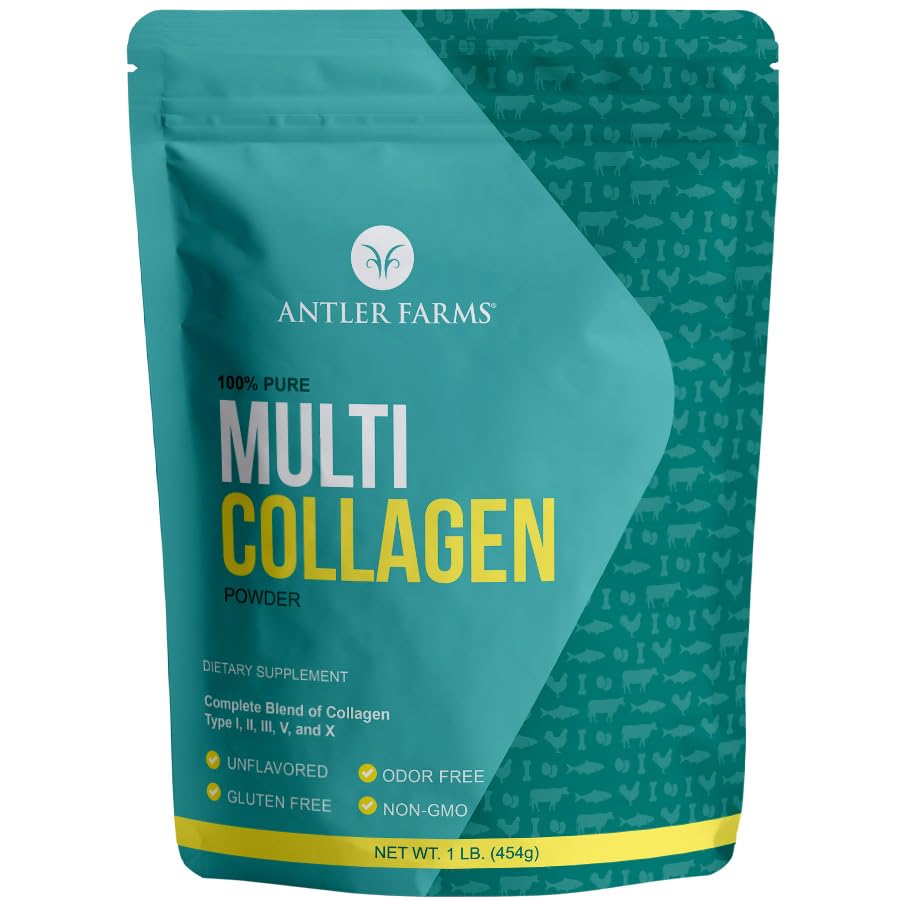 Antler Farm - Multi Collagen Protein Powder - 5 típus (I, II, III, V és X) 100% Tiszta hidrolizált Collagen Peptides férfiaknak és nőknek - Biológiailag hozzáférhető, Rapid Absorption - Flavored - 1 lb