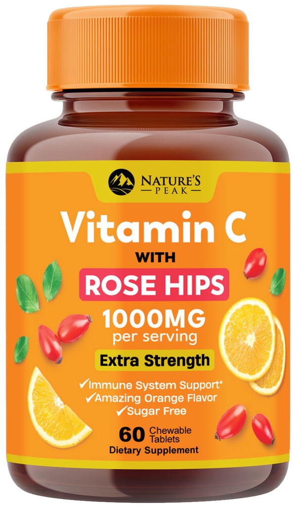 C-vitamin 1000mg rágókiegészítés - Extra Strength Immun Support C-vitamin étrend kiegészítés Rose HIPS, Természet VitaminC antioxidáns támogatás, Természetes, Vegán, Orange Flavor - 60 tabletta
