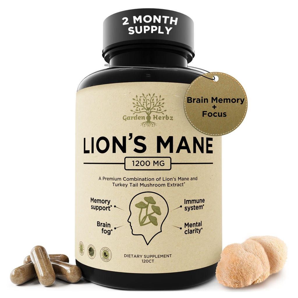 Lions Mane Ergänzung Kapseln mit Türkei-Tail – Nootropic Brain Fog, Fokus, Gedächtnis, Nerve-Funktion, & Immununterstützung Ergänzung – Non-GMO 1200 Mg Lions Mane Mushroom Supplement, 120 Caps.