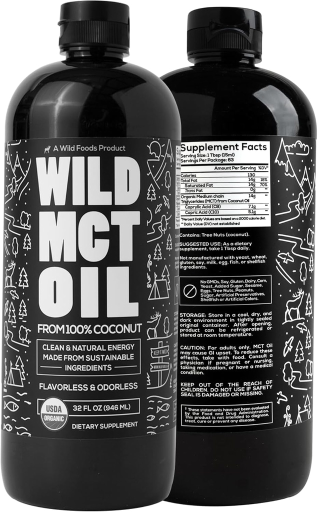 Wild MCT Oil Organic Coconut - 32 fl oz - 100% természetes kókusz - Flavorless & Odorless C10 / C8 MCT Olaj energia & kognitív támogatás - Keto-Friendly - Tökéletes kávé, Shakes & receptek