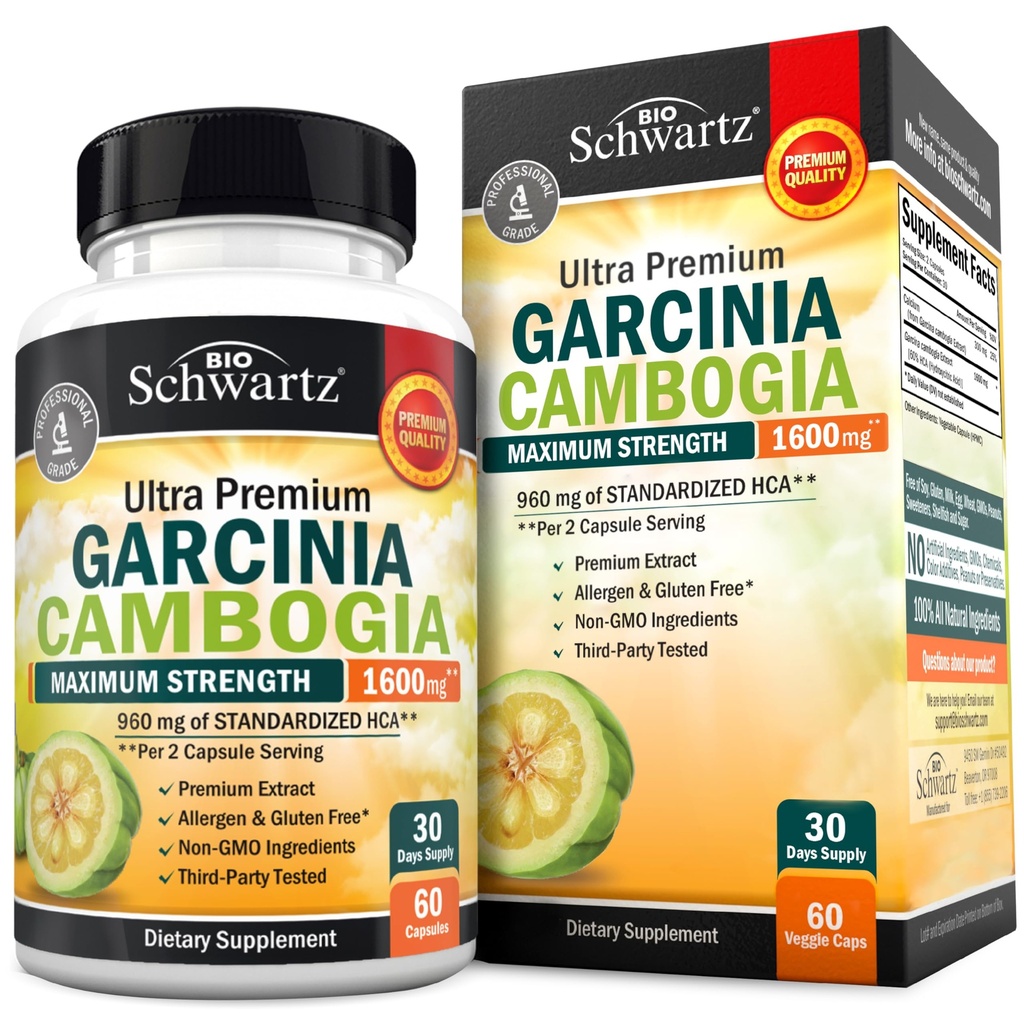 Garcinia Cambogia testsúlycsökkentő tabletták - Maximális hatáserősség étvágycsökkentő és zsírégető férfiak és nők számára - 1600mg természetes kivonat & 960mg HCA - Metabolizmus booster & Carb Blocker kapszula - 60Ct