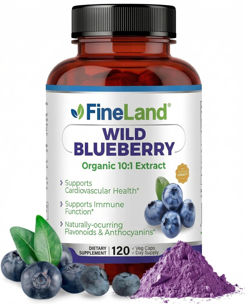 FineLand Wild Blueberry 10: 1 kivonat, 6000 mg Strength, 120 Vegan Capsules, Rich in Flavonoids & Antocianins, Antioxidant Support for Brain & Heart Health, 4- hónap ellátás, nem GMO Made in USA
