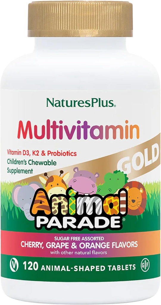 NaturesPlus Animal Parade Gold Children 's Multivitamin - Assorted Cherry, Orange & Grape Flavor - 120 Animal- Formuled Chewable Tablets, Pack of 3 - Vegan, Gluten Free - 180 Total Servings