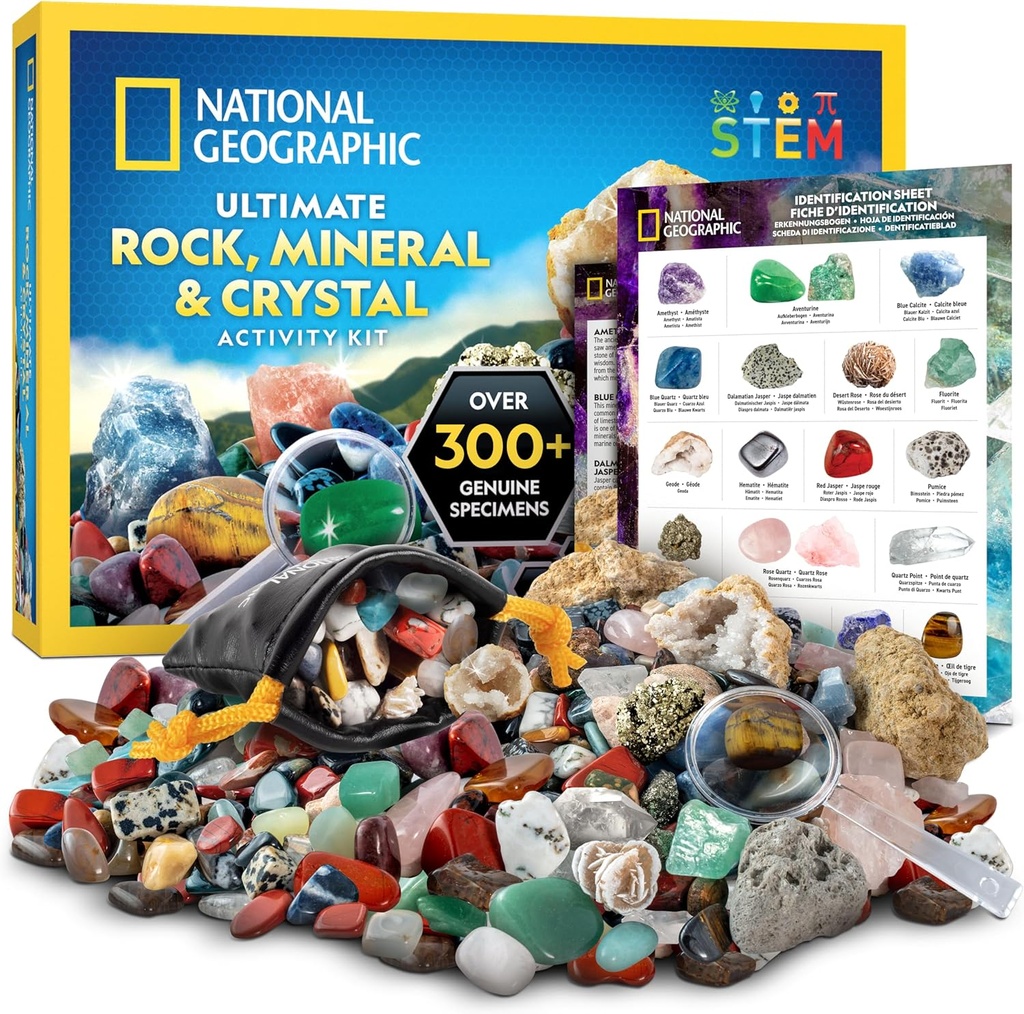 National Geographic Rock Collection Box for Kids - 300 + Piece Gemstones and Crystals set includes Geodes and Real Crystals, Rocks and Minerals, Science Kit for Kids, A Geology Gift for Boys and Girls