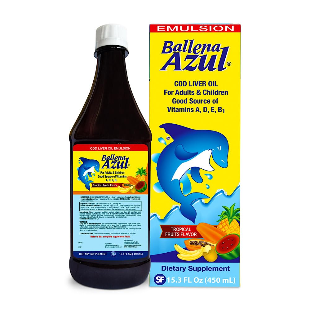 Ballena Azul Aceite de Hígado de Bacalao para Adultos y Niños, COD Liver Oil for Adults and Children, Good Source of Vitamins, Nahrungsergänzung, Omega 3 (Tropical Fruits 15 OZ)