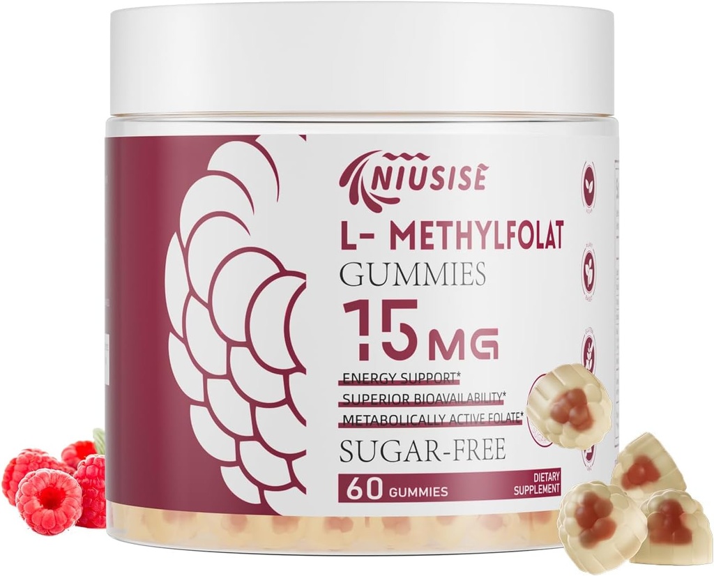 L-Methylfolat 15mg Gummie für Erwachsene, Zucker freie Gummie helfen, Energie zu verbessern, Gehirnfunktion - Active Folic Acid & Vitamin B12 Supplement für Immununterstützung, Non-GMO, Glutenfrei