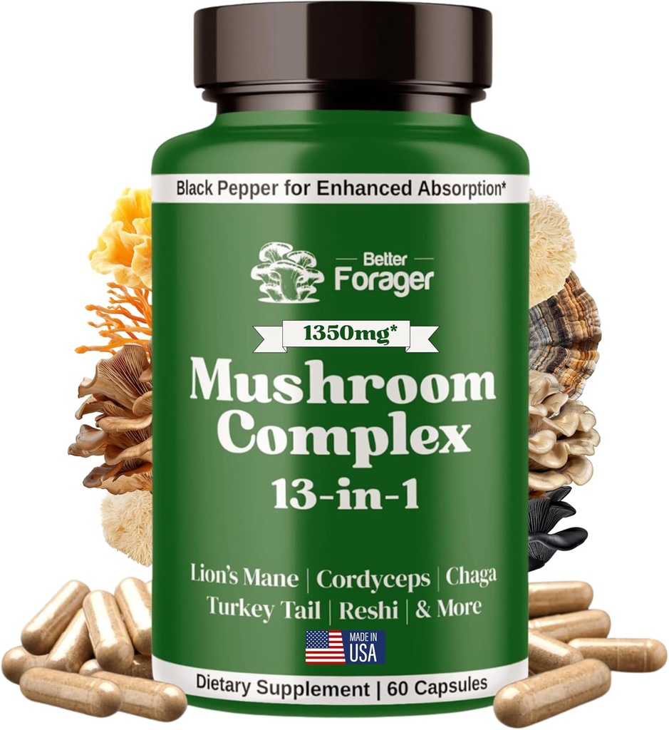 Pilzkomplex Kapseln, 13-in-1 Pilz-Ergänzung, Lion's Mane, Reishi, Cordyceps, &amp; More, Fördert Fokus, Klarheit, & Gedächtnis, Extrakt-Ergänzung, 1 Monat Versorgung, 60 Zähler