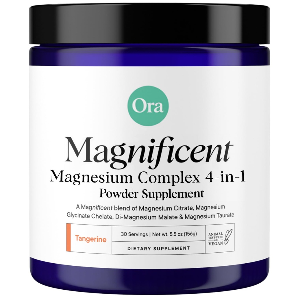 Ora Organic Magnesium Complex Powder Supplement - 4-in-1 Magnesium: Glycinate, Taurate, Malate & Citrate | Vegan, Glutenfrei | Tangerine Flavor | Calm Unterstützung für Schlaf, Stress & Muskeln | 30 Servieren