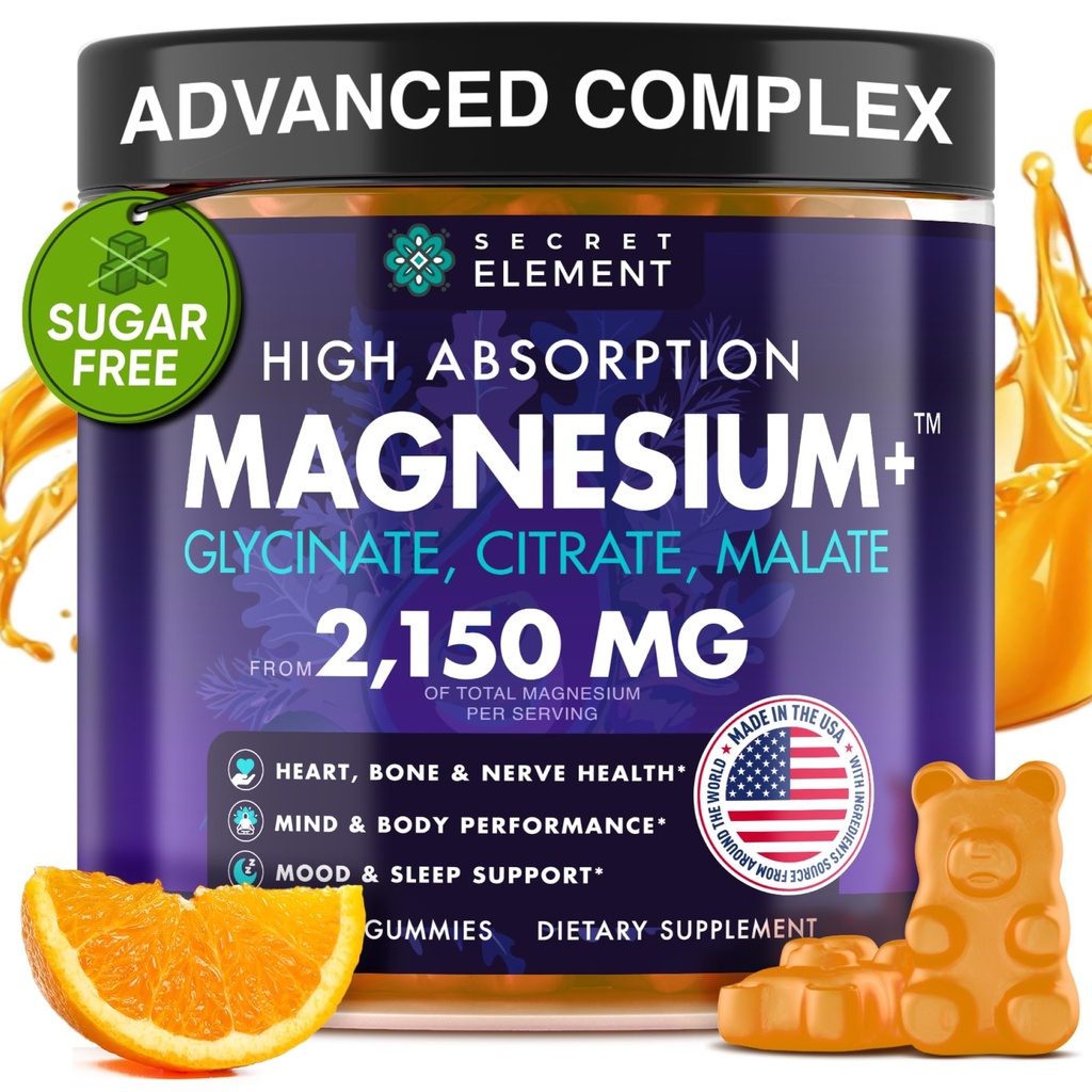 Magnesium Glycinate 2150MG Gummi für Damen und Herren, Hohe Absorption Magnesium Glycinat, Citrat, Malate Gummies für Erwachsene & Kinder, Schlafunterstützung, Zuckerfrei, Vegan, 60 Chews, Orange