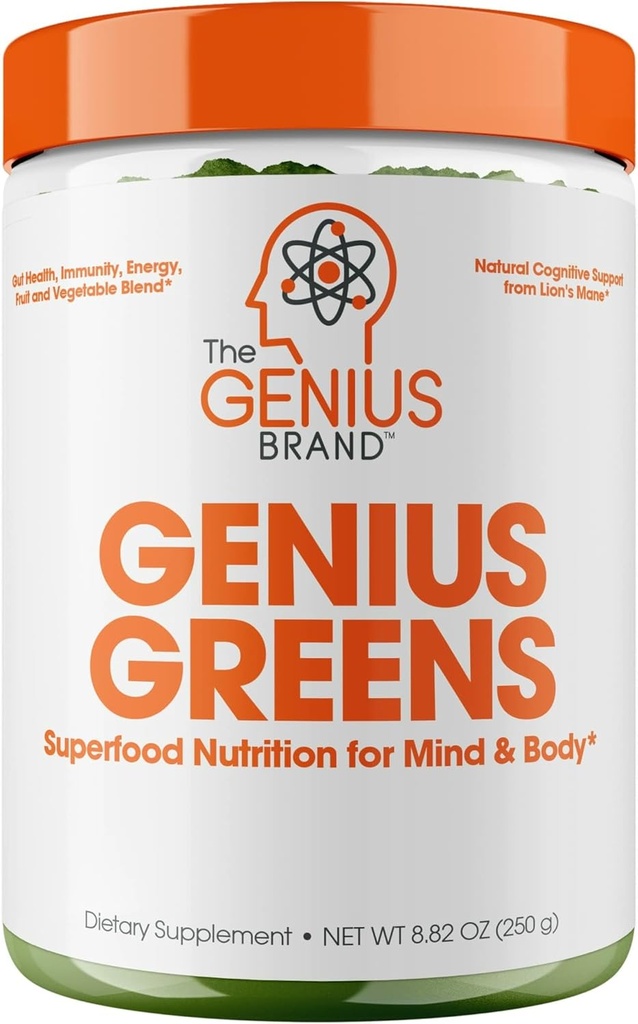 Genius Brand Genius Greens - Greens Powder for Healthy Mind & Immunity Support - Organic Vegetables, Blueberries & Lion's Mane - Convenient Drink Mix - Angenehmer Geschmack - 20 Portionen