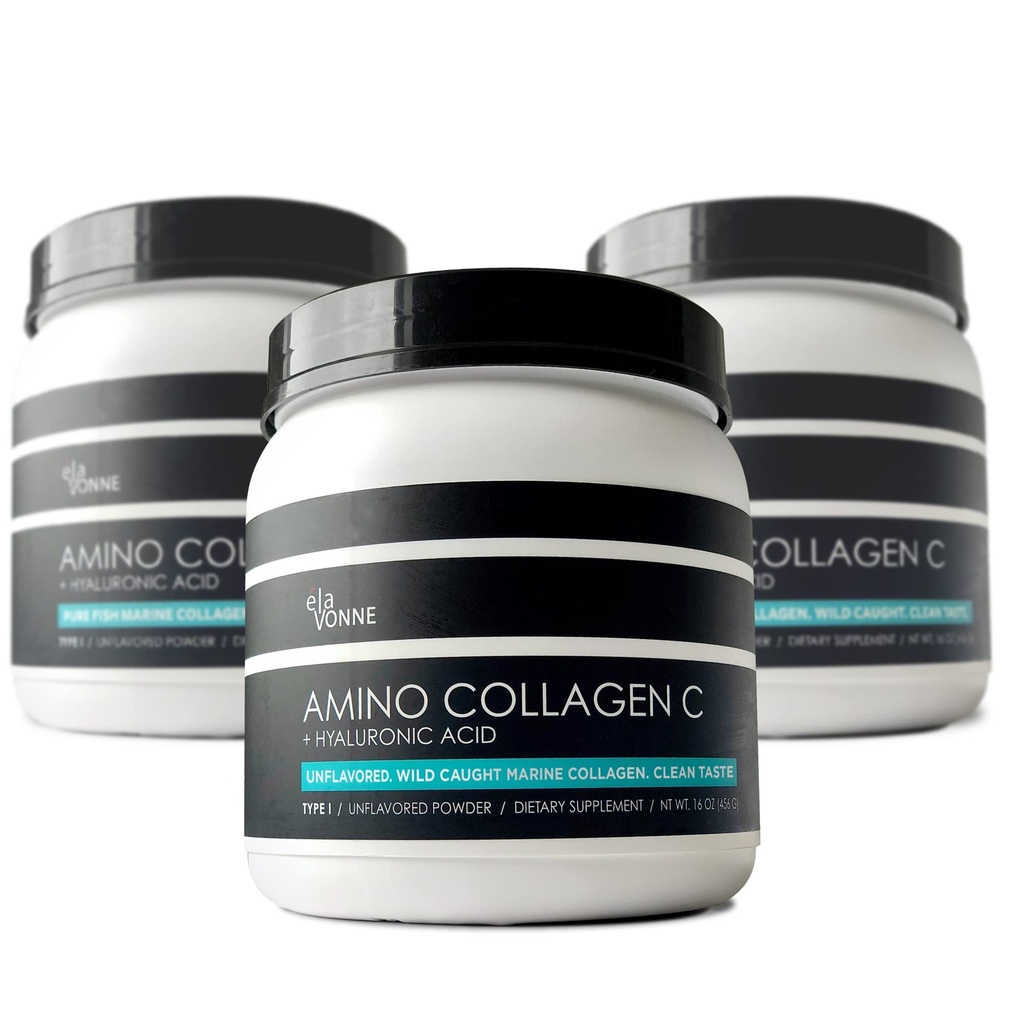 (3- Pack) Amino Collagen C - Collagen Powder (180 Scoops) - Marine Collagen Peptides + Hyaluronic Acid. Sugar nélkül. Nem szag. Nem GMO. USA a haj, bőr, körmök, ízületek, & Gut Health.