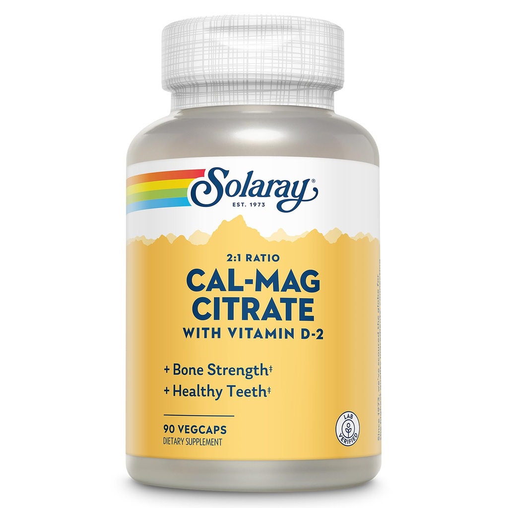 Solaray Calcium Magnesium Citrat 2:1 Ratio - Kalziumergänzungsmittel für Frauen und Männer w/Magnesium und Vitamin D 2 - Knochengesundheit, Muskel- und Nerve-Unterstützung - Vegan, 60-Tage-Garantie, 15 Serv, 90 VegCaps