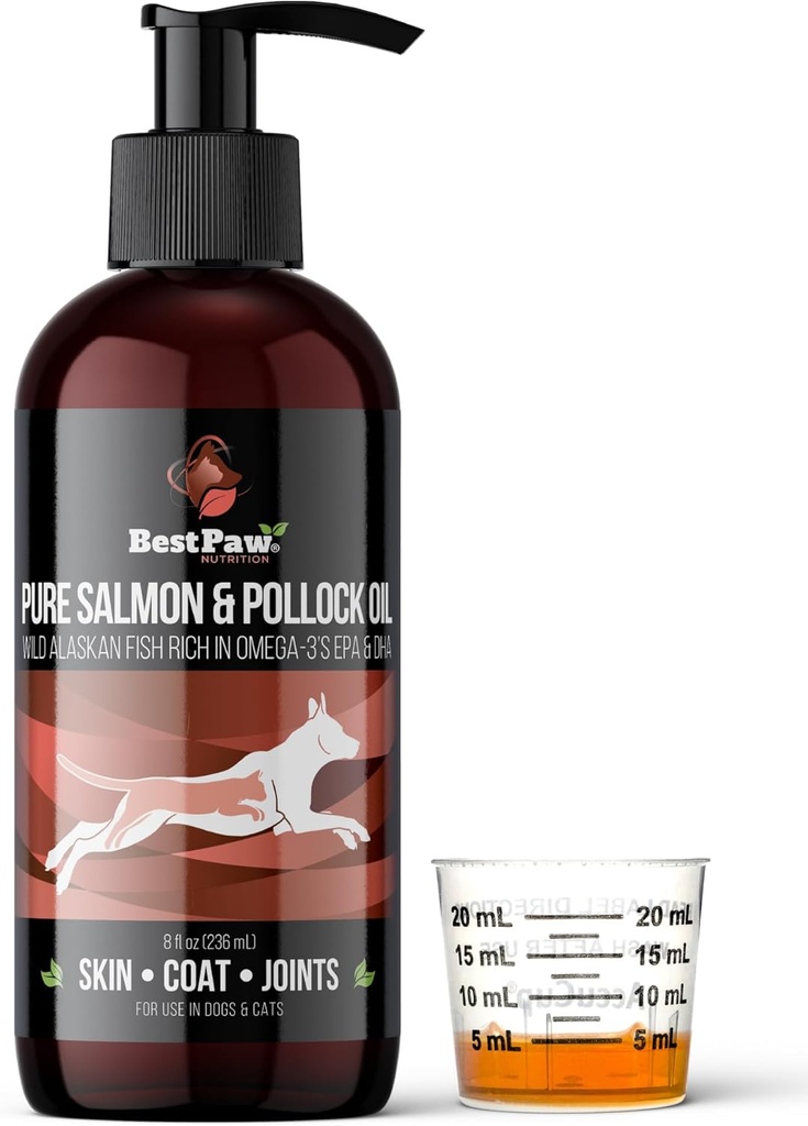 Pure Wild Alaskan Salmon & Pollock Oil for Dog & Cats Skin and Coat - Fish Oil Liquid with Pump - Supports Joint Function & Heart Health - Omega 3 Liquid Food Supplement - All Natural EPA + DHA - 8oz