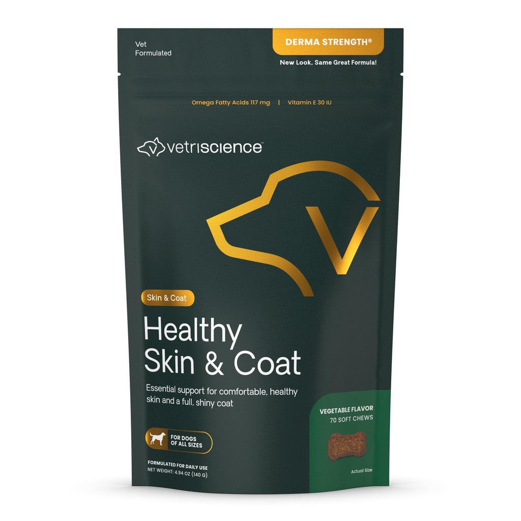 VetriScience Egészséges bőr & Coat Chews, Derma Strength Omega3 Salmon Oil Supplement kutyáknak, Omega Skin and Coat Chews, Skin Health, Coat Growth, Halolaj és E-vitamin, Veggie, 70 Count