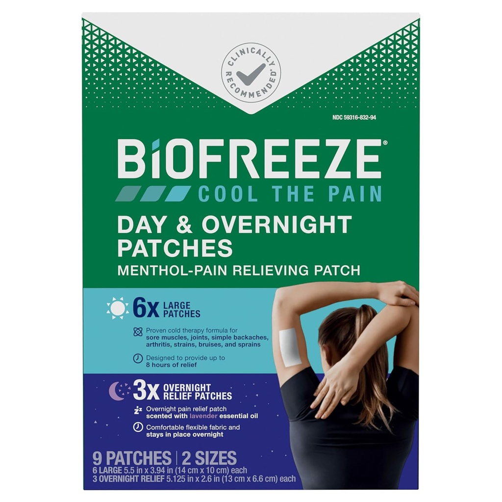 Biofreeze Day & Overnight Pain Relief Patches, Menthol Pain Patches für Arthritis & Muskel Schmerzen Relief, Komfortable & Flexible Stoff Aufenthalte in Platz, FSA/HSA Eligible, 9 Patches (6 Tag, 3 Nacht)
