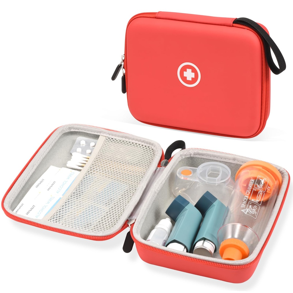 Fukumi Hard Travel Case für Asthma Inhaler, Inhaler Spacer Case für Kinder und Erwachsene, Masken, Asthma Zubehör Case mit Mesh Pocket für Medizin und andere Zubehör, Rot (Sache Only)