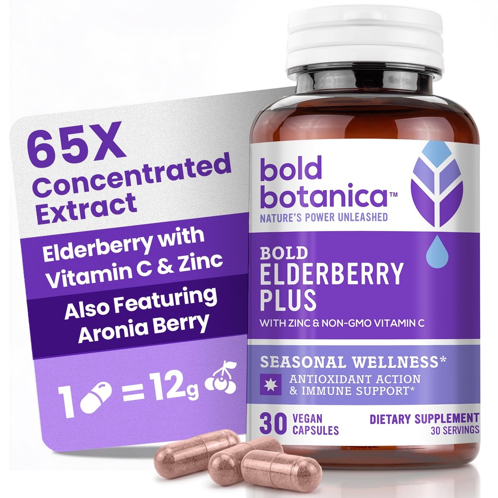 Bold Botanica Elderberry Plus - 65x koncentrált fekete bodza kivonat cinkkel és C-vitaminnal napi immuntámogatás és szezonális Wellness - Non-GMO, 30 Vegan kapszula