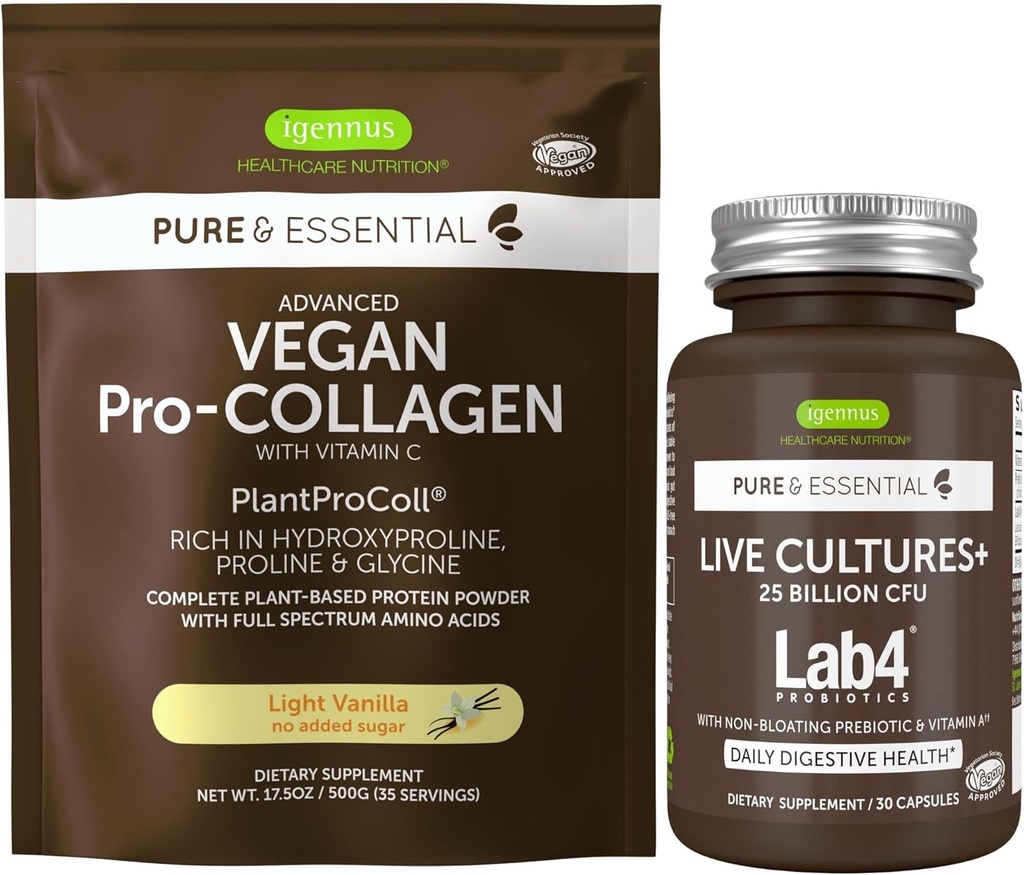 Élő kultúrák + Lab4 probiotikumok + Vegan Vanilla Collagen fehérje por Vegan Bundle, teljes Collagen boosting Forma + 25 milliárd CFU probiotic non- Bloating Prebiotic, által Igennus