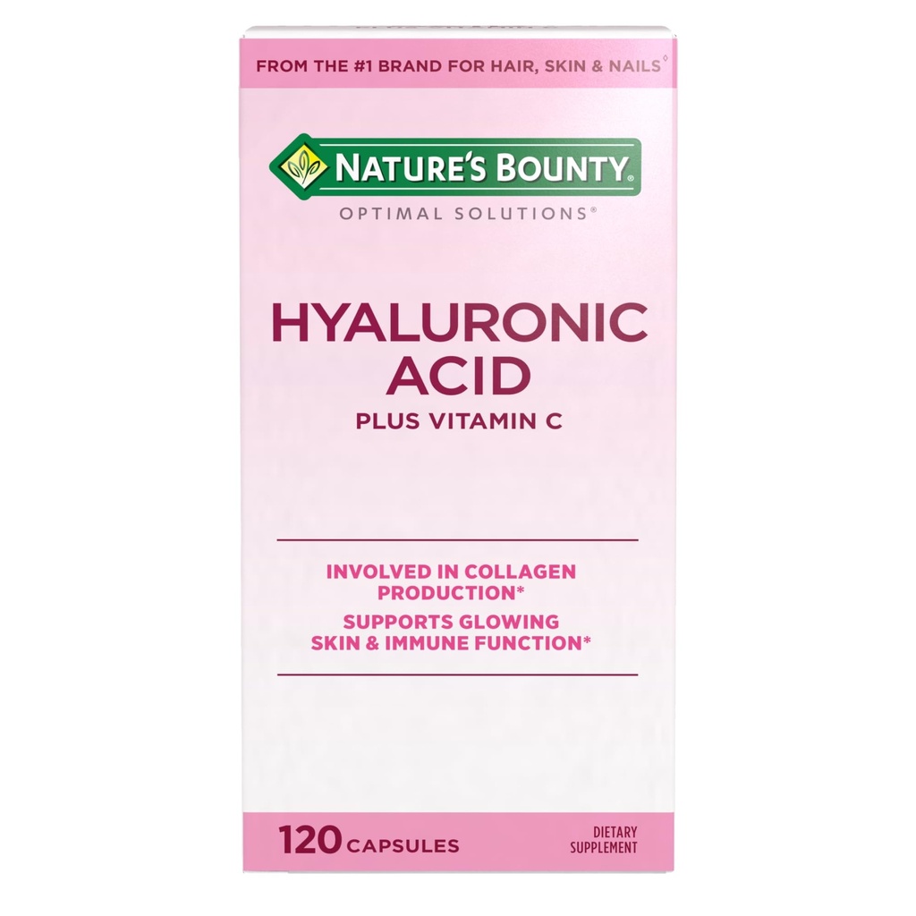 Nature's Bounty Vitamin C and Hyaluronic Acid Supplement, Supports Glowing Skin, Immune Function & Collagen Production, 120 Capsules - 60 Day Supply, Optimal Solutions Supplements for Skin Health