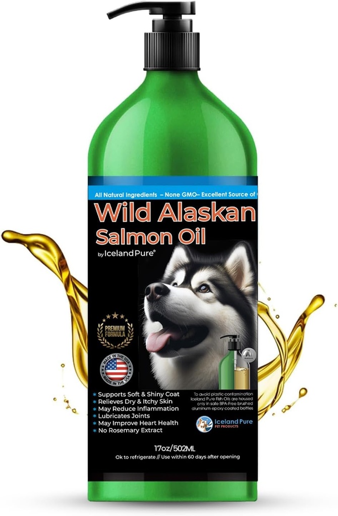 Wild Alaskan Lachsöl für Hunde und Katzen von Island Pure | 1.043 mg Omega-3 pro Teelöffel | Lachsöl & Pollock Blend | BPA-Free Brushed Aluminium Epoxy beschichtete Flasche mit Pumpe - 17 oz