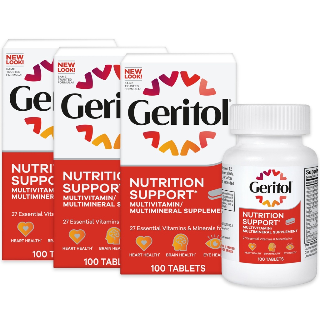 Geritol, Multivitamin-Ergänzung, Enthält B-Vitamine, Antioxidantien, Vitamine C, E & D und Eisen, 27 essentielle Vitamine und Mineralien, Glutenfrei, Non-GMO, keine künstlichen Süßungsmittel, 100 Tabletten, 3 Packung